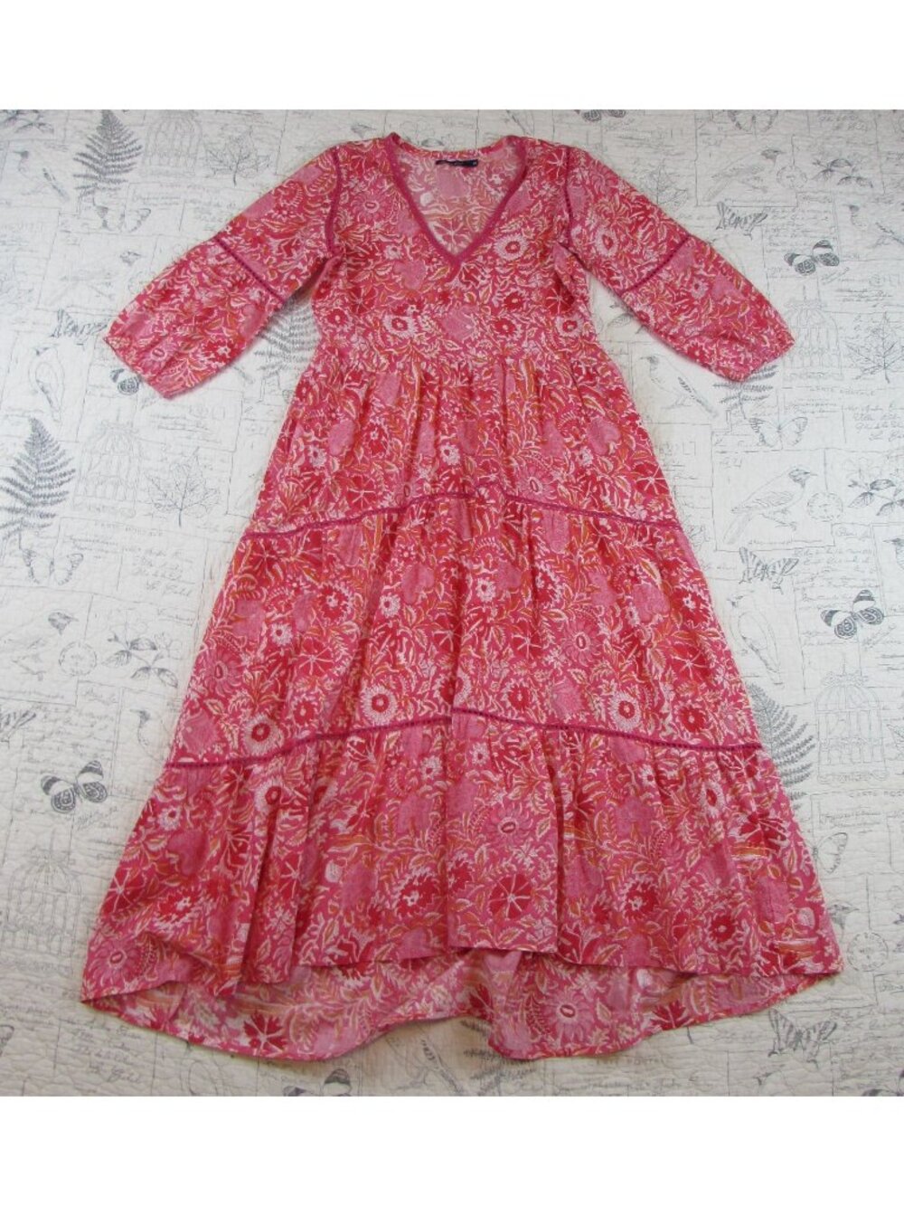 EUC La Plage 100% Cotton Midi Dress Women’s Floral Boho Peasant ladder lace XS
